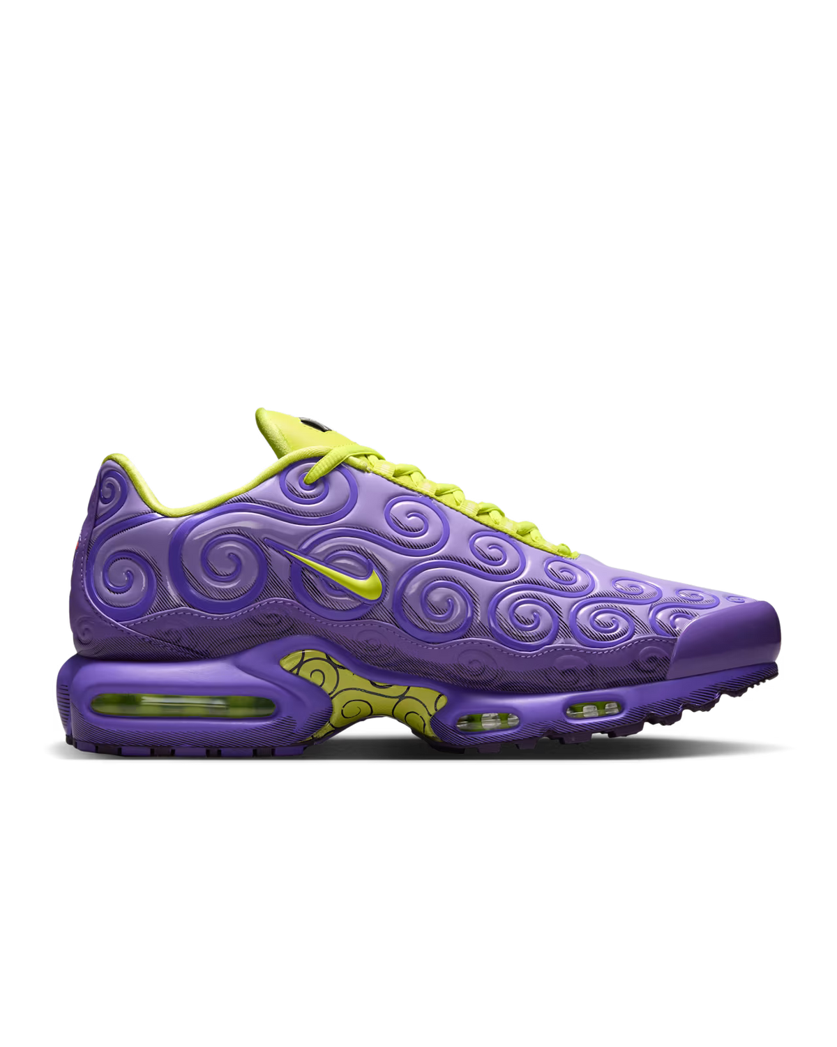 Nike Air Max Plus One Piece Gomu Gomu, zijaanzicht met uitgestelde Air Max unit en neongroene accentdetails
