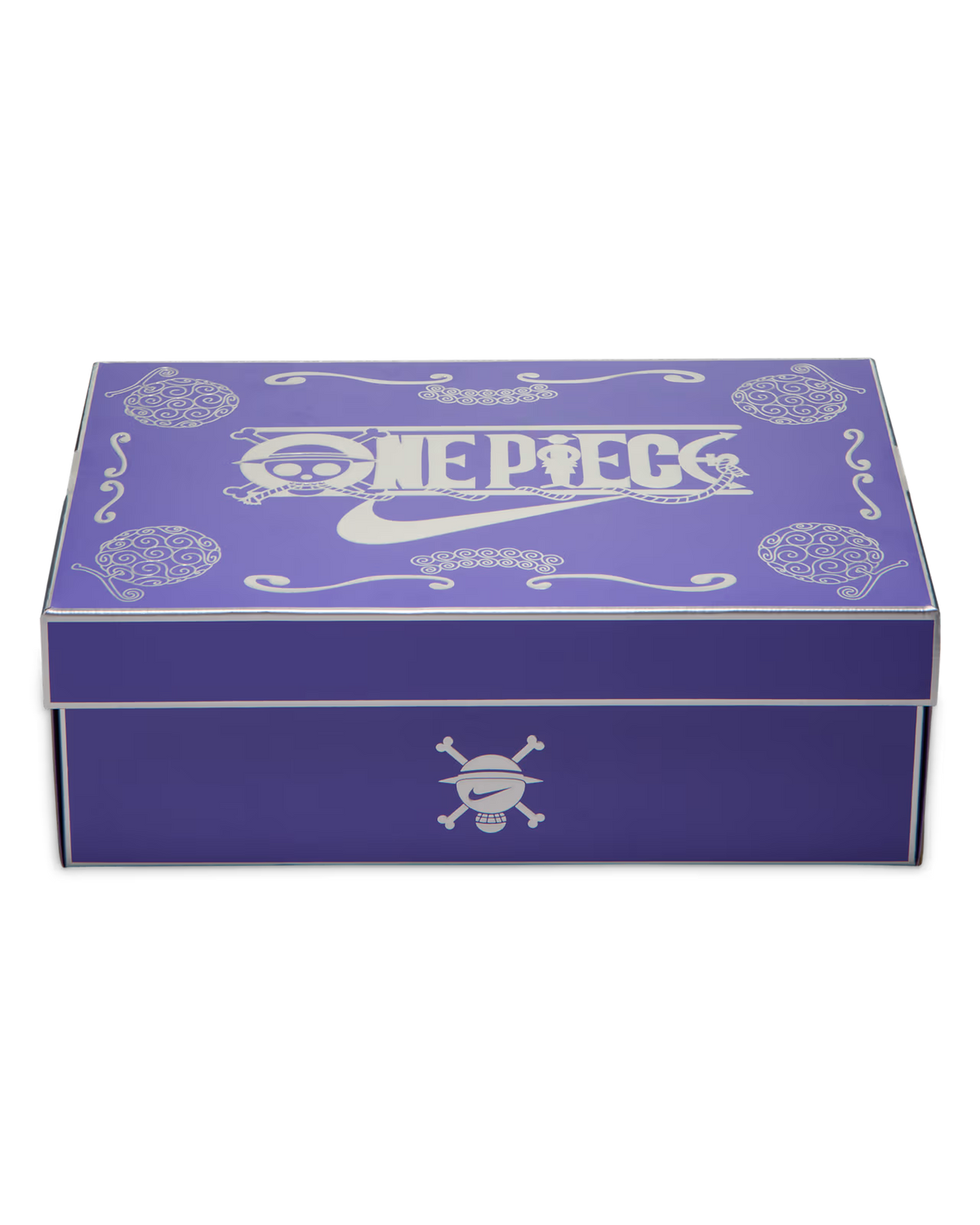 Nike Air Max Plus One Piece Gomu Gomu verpakking met One Piece logo en spiraal design op paarse doos