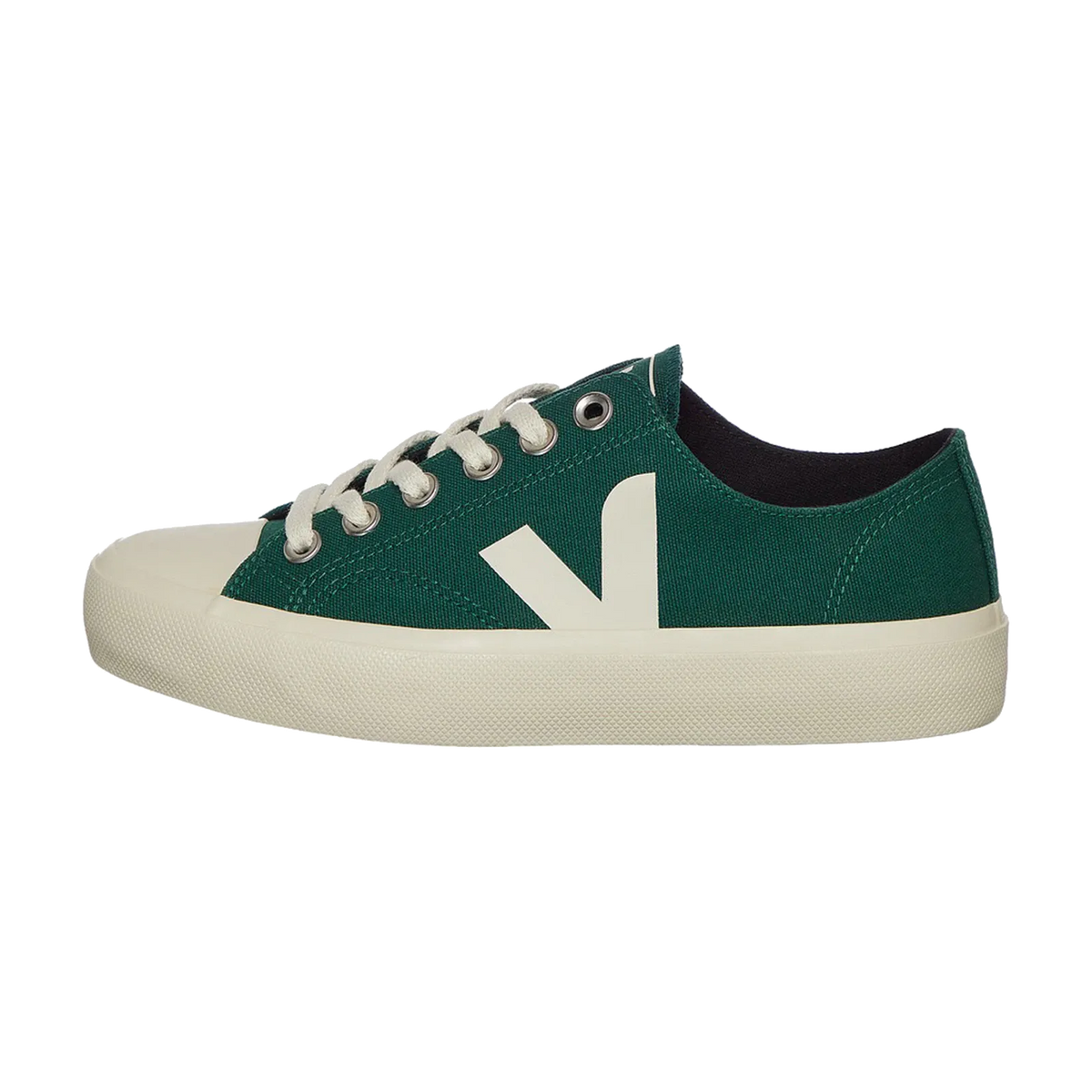 Veja Wata II Low Canvas Poker Pierre, zijaanzicht met groen canvas, crème zool en V-logo