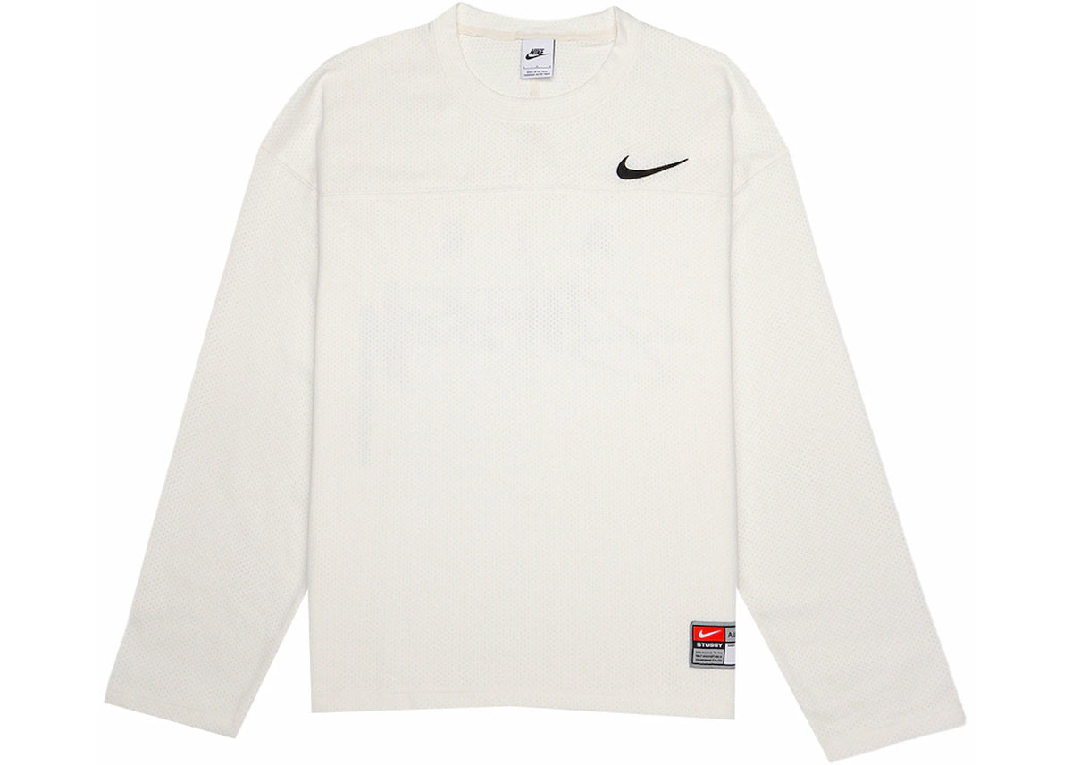 Stussy x Nike Dri-FIT Mesh Jersey Sail, vooraanzicht met klein zwart Nike Swoosh logo op textiel