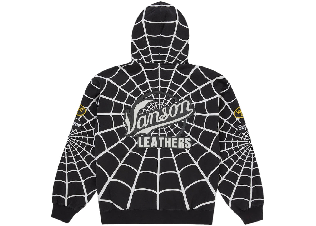 Supreme Vanson Leathers Spider-Man Zip Up Hooded Sweatshirt Black, achteraanzicht met spinnenweb-patroon