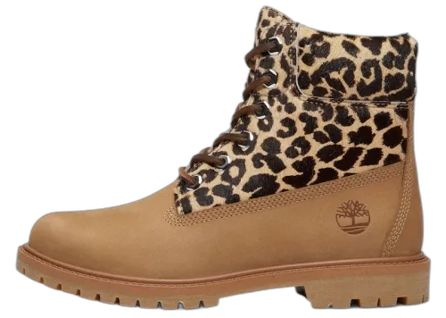 Timberland 6" Premium Boot Leopard Print Beige Nubuck, zijaanzicht met luipaardprint bovenstuk en beige nubuck onderstuk