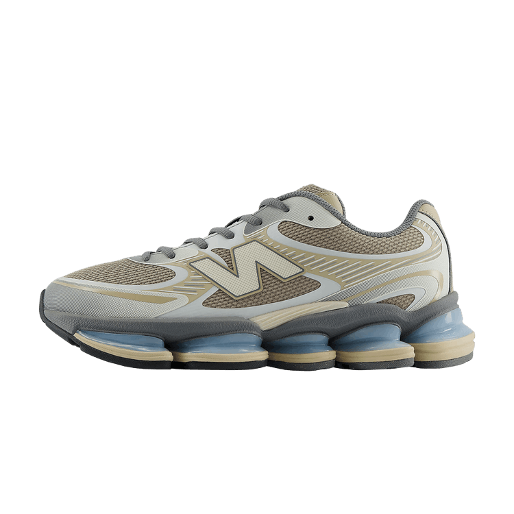 New Balance Abzorb 2000 Grey Matter Timberwolf zijaanzicht met grijze mesh, crème accenten en gestapelde blauwe zool