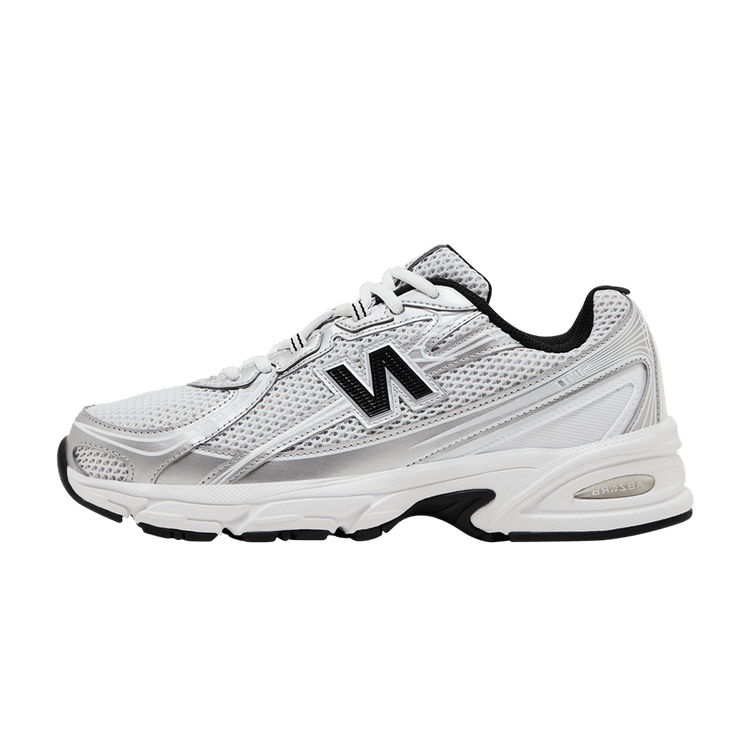 New Balance 740 White Silver Metallic Navy, zijaanzicht met mesh en metallic details, zwart logo en witte zool