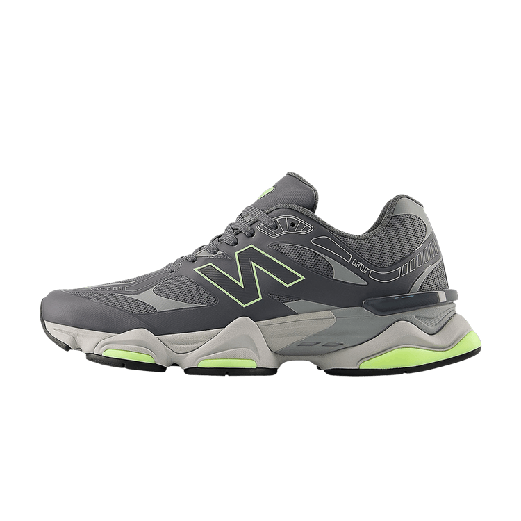 New Balance 9060 zijaanzicht, grijs mesh met neongroen zoolaccenten en chunky midsole, zilvergrijs panelen