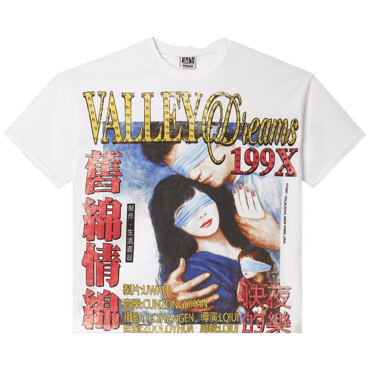 Vale Forever Bling Love Tee 'White' vooraanzicht met goud glitterend logo, fotocollage en Aziatische karakters op wit katoen