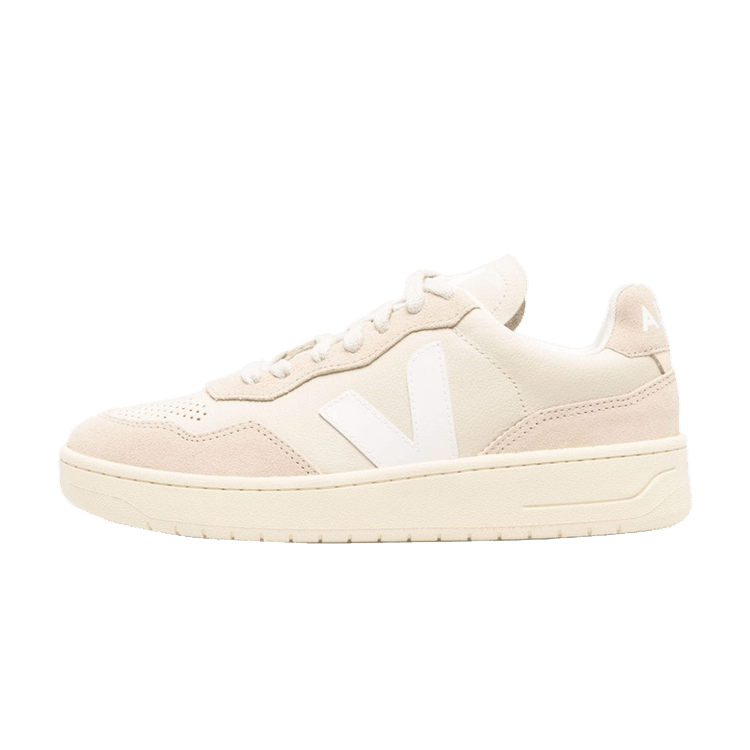 Veja V-90 O.T. Leather Pierre White zijaanzicht, beige leer met wit V-logo en crèmekleurige zool