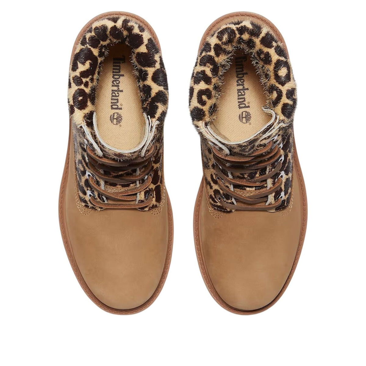 Timberland 6" Premium Boot Leopard Print Beige Nubuck, bovenaanzicht met bruine veters en luipaardprint voering
