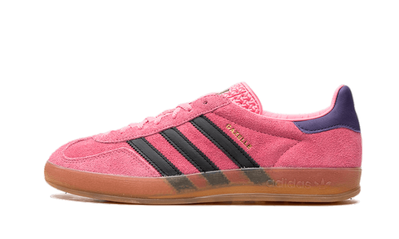 Side view of Adidas Gazelle Indoor Bliss Pink Purple sneaker featuring pink suede upper, black stripes, purple heel tab, and gum sole, representing exclusive European sneakers – The real deal.