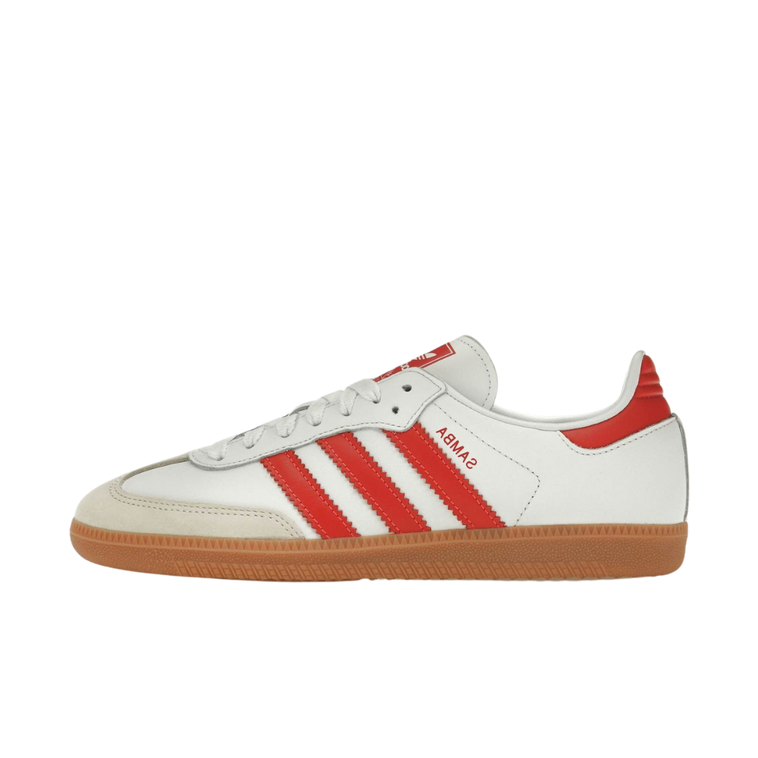 Adidas Samba OG White Solar Red Gum sneaker featuring a classic white leather upper with solar red stripes and gum sole, perfect exclusive European trainers, the real deal.