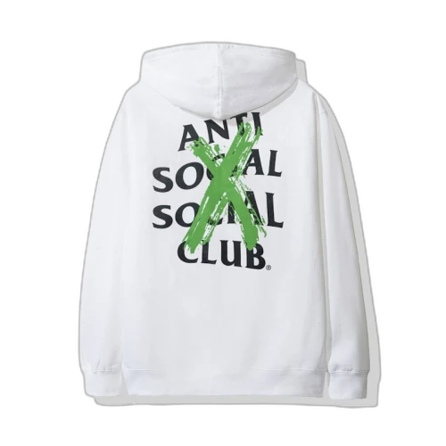 Anti Social Social Club Cancelled Remix Hoodie (FW19) White, achteraanzicht met groot groen en zwart logo op wit katoen