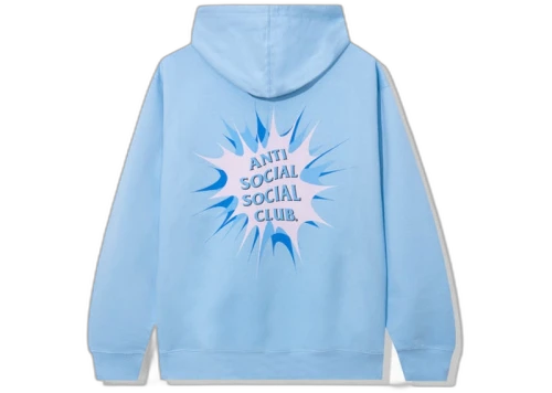 Anti Social Social Club Stunned Hoodie Blue, achteraanzicht met blauw logo en starburst design op lichtblauwe hoodie