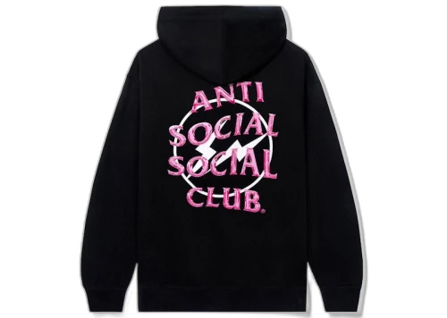 Anti Social Social Club x Fragment Precious Petals Hoodie (FW22) Black Pink, achteraanzicht met groot roze borduurwerk logo