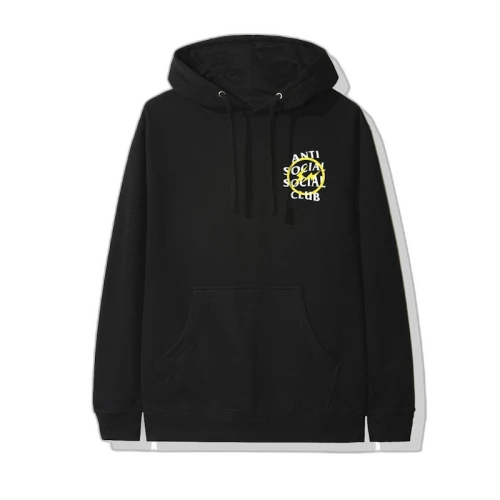 Anti Social Social Club x Fragment Yellow Bolt Hoodie (FW19) Black, vooraanzicht met geel logo op borst en kangaroo pocket