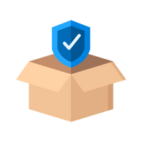 Illustration of an open cardboard box with a blue shield featuring a white checkmark above it, representing SneakerAsk Verzendbescherming for secure and protected sneaker delivery.