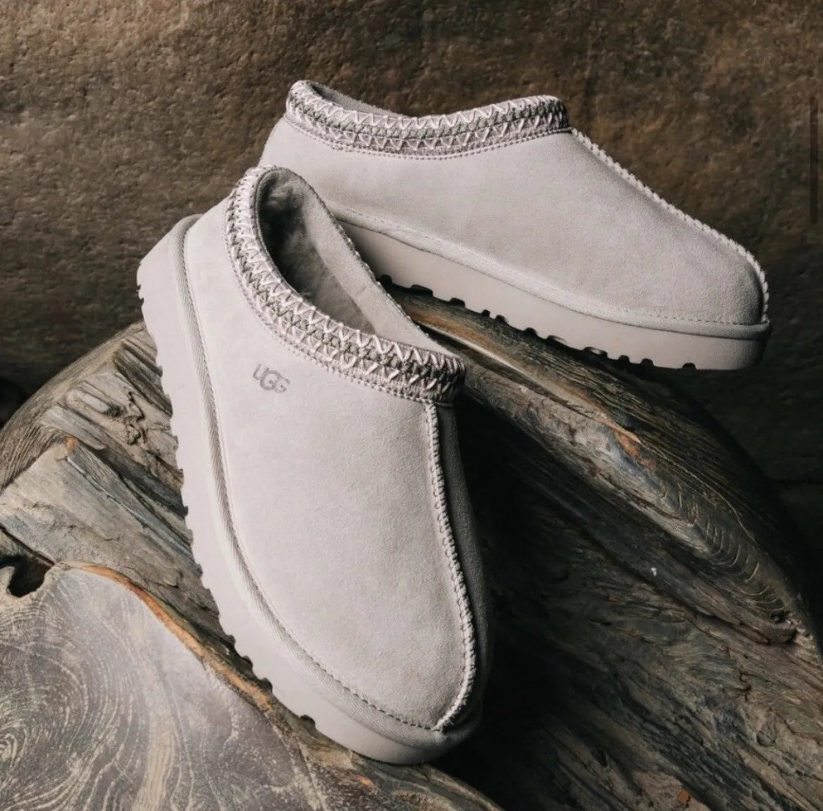 UGG Tasman Slipper Goat in soft gray suede with cozy lining and durable sole, perfect for comfortable indoor and outdoor wear, offering style and warmth.