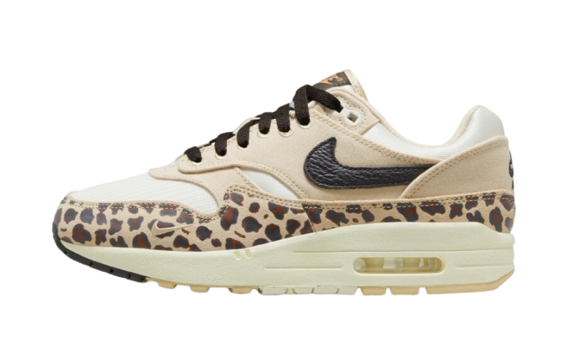 Nike Air Max 1 '87 Wmns Leopard Print sneaker featuring a beige and brown leopard pattern with black accents and a cushioned white midsole, designed for exclusive sneaker enthusiasts in Europe.