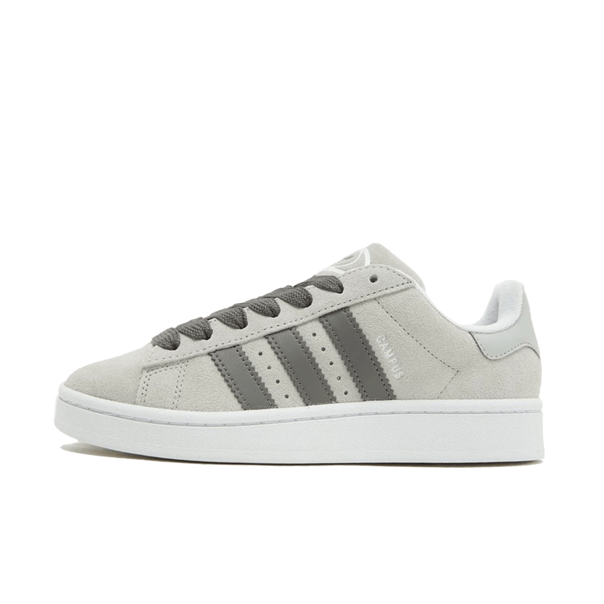 Side view of Adidas Campus 00s Charcoal Womens sneaker with charcoal gray stripes and light gray suede upper, showcasing exclusive European style and classic design.