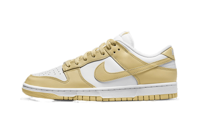Side view of Nike Dunk Low Team Gold sneakers featuring white and gold leather with classic Nike swoosh and rubber sole, exclusive sneakers in whole Europe. The real deal.