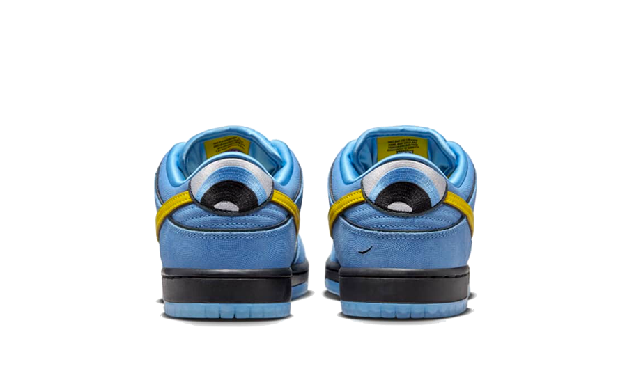 Rear view of Nike SB Dunk Low The Powerpuff Girls Bubbles sneakers in light blue with yellow accents, showcasing exclusive European design and vibrant trainer style.