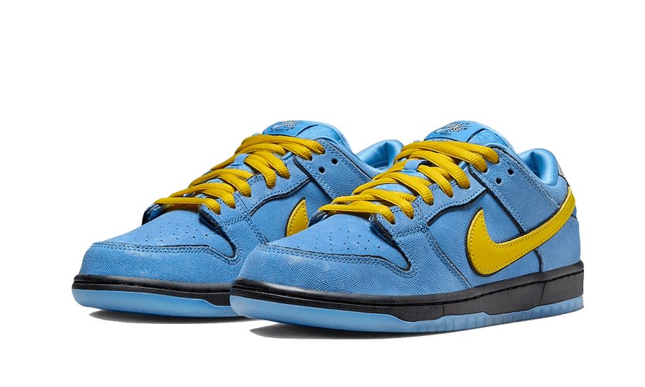 Nike SB Dunk Low The Powerpuff Girls Bubbles sneakers featuring blue suede with bright yellow swoosh and laces, designed for exclusive sneaker enthusiasts in Europe. The real deal.