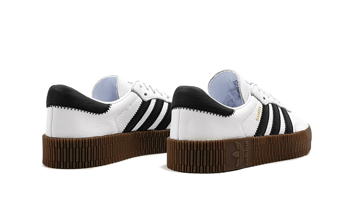 Adidas Sambarose White Black Gum sneakers showcasing a white leather upper with black stripes and heel tab, paired with a thick gum sole, the real deal exclusive in Europe.