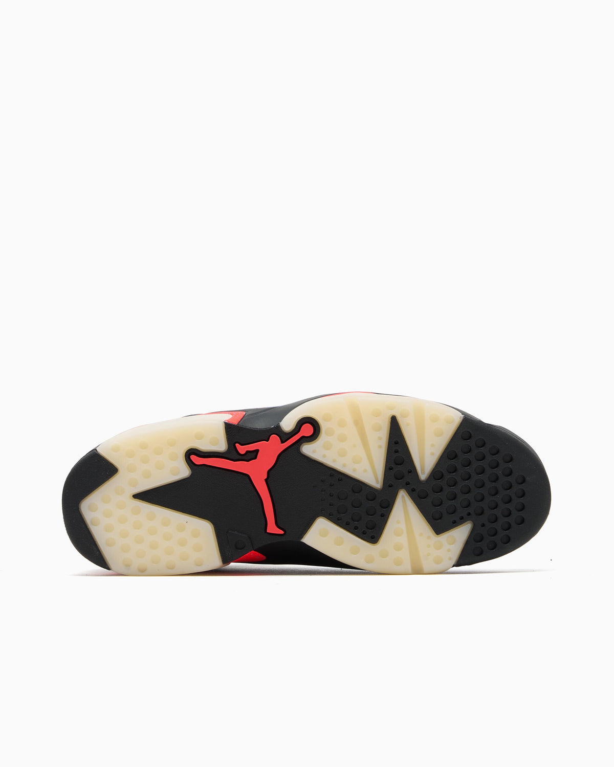 Jordan 6 Retro Awake NY Midnight Navy, zoolprofiel met Jumpman-logo in rood en geribbeld design