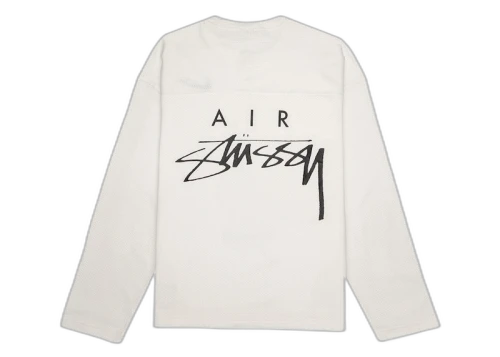 Stussy x Nike Dri-FIT Mesh Jersey Sail, vooraanzicht met AIR Stussy grafische print in zwart op crème