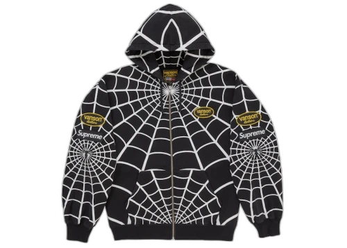 Supreme Vanson Leathers Spider-Man Zip Up Hooded Sweatshirt Black, vooraanzicht met spinnenweb-print in wit