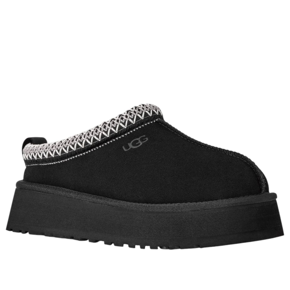 UGG Tazz II Slipper Black driekwart aanzicht toont UGG-logo, grijze voering zichtbaar aan kraag met witte pattern