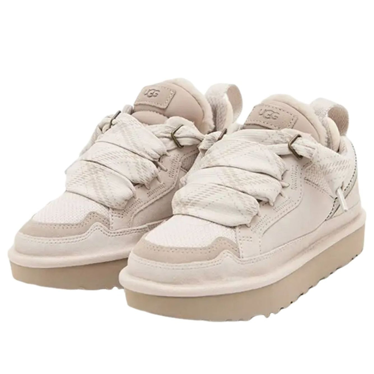 UGG Lowmel Ceramic paar samen vooraanzicht, crèmekleurig mesh en suède met breed platformzool