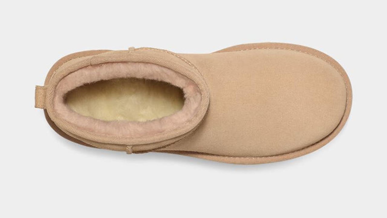 Top view of a cozy tan suede UGG Classic Ultra Mini Platform Driftwood shoe with plush lining, perfect for casual wear and exclusive sneaker style in Europe.
