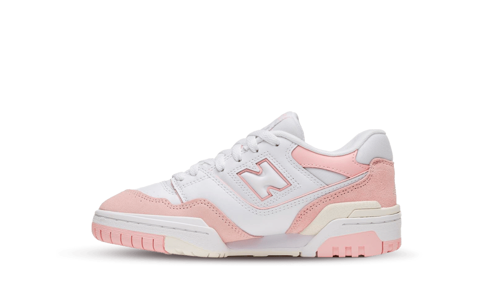 Side view of New Balance 550 White Pink Sea Salt sneaker featuring white leather with soft pink and sea salt suede accents, designed for exclusive sneaker collectors in Europe.