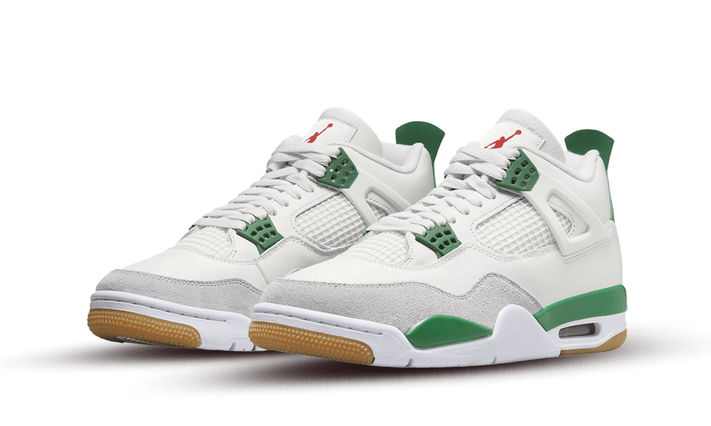 Pair of Nike SB x Air Jordan 4 Retro Pine Green sneakers in white and green with gum soles, showcasing premium design and exclusive sneaker appeal. The real deal.