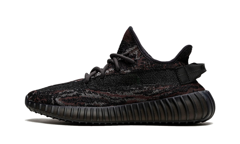 Side view of Adidas Yeezy Boost 350 MX Rock sneaker in dark earth tones with a textured knit upper and ribbed midsole, exclusive in whole Europe. The real deal.
