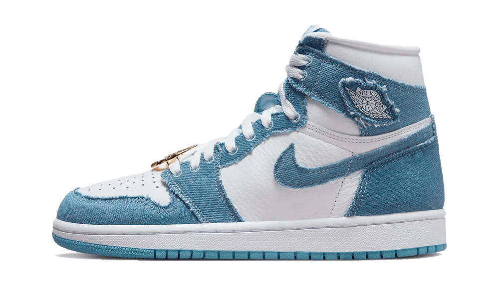 Side view of Nike Air Jordan 1 High OG Denim sneakers in white and blue denim, featuring high-top design and exclusive style, the real deal for sneaker enthusiasts in Europe.