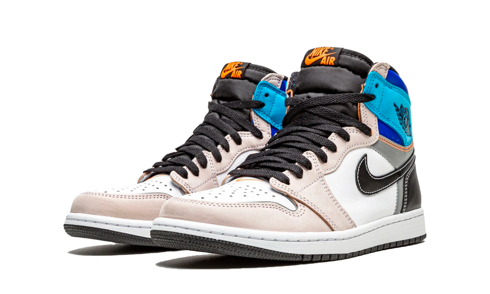 Pair of Nike Air Jordan 1 High OG Prototype sneakers featuring black laces, white and beige leather upper, blue accents on the ankle, and orange branding details.