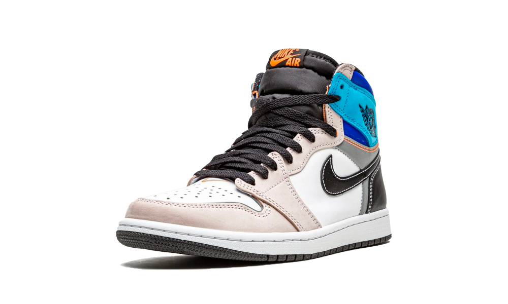 Nike Air Jordan 1 High OG Prototype sneaker featuring a distinctive mix of beige, black, and blue tones with bold branding, perfect for exclusive sneaker enthusiasts across Europe. The real deal.