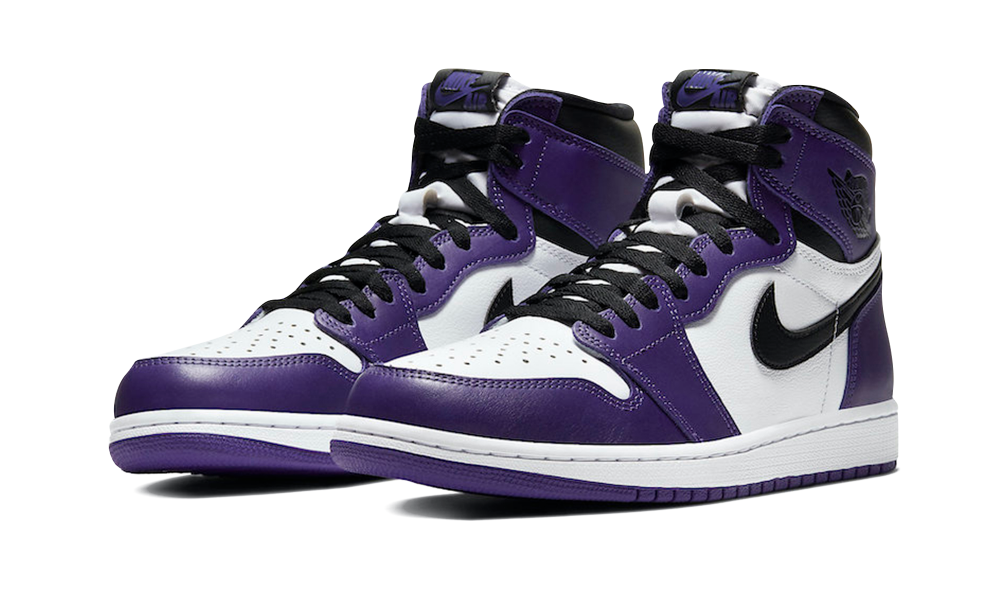 Pair of Nike Air Jordan 1 High Court Purple sneakers in white and purple leather with black accents, showcasing exclusive European sneaker style, the real deal.