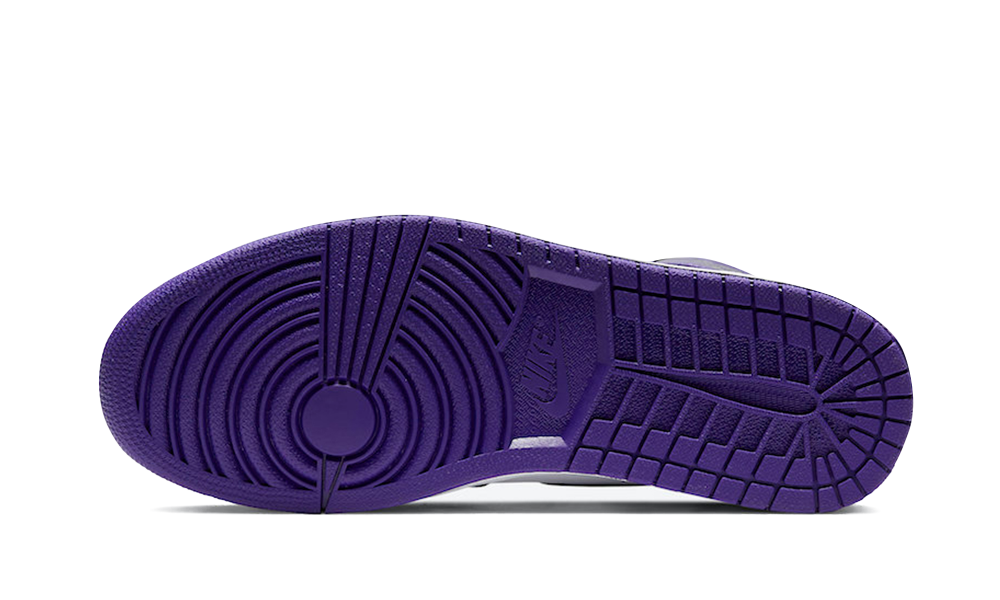 Sole view of Nike Air Jordan 1 High Court Purple sneaker showcasing deep purple rubber outsole with detailed traction pattern, reflecting exclusive European sneaker style.