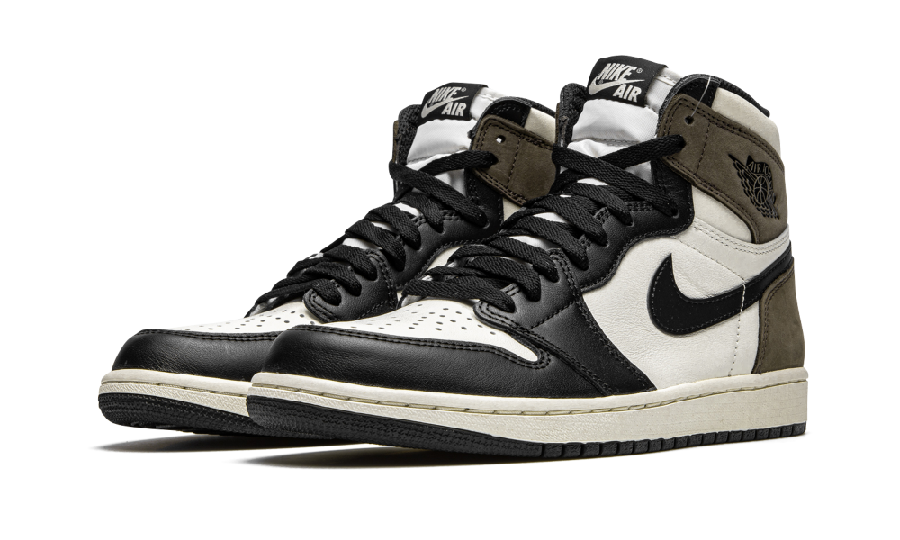 Pair of Nike Air Jordan 1 High Dark Mocha sneakers featuring a high-top design with black, white, and dark brown leather panels, displayed on a clean white background.