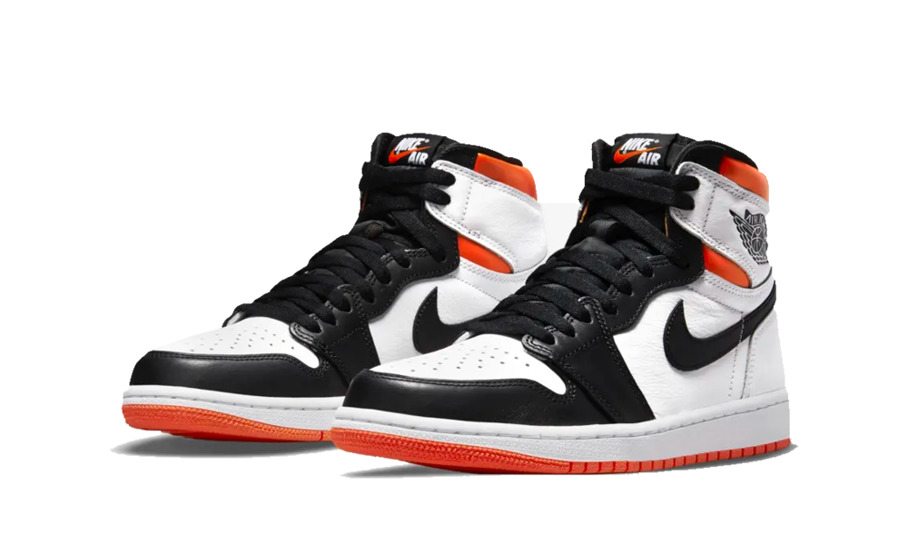 Pair of Nike Air Jordan 1 High Electro Orange sneakers featuring a high-top design with white, black, and vibrant orange accents, delivering exclusive style and performance.
