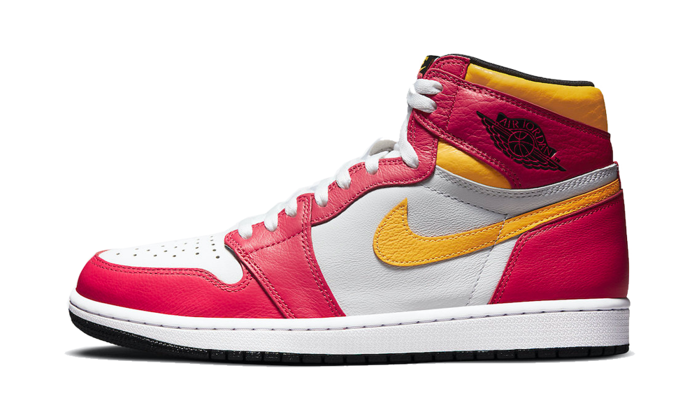 Nike Air Jordan 1 Retro High Light Fusion Red sneaker in white, red, and yellow with classic Air Jordan wings logo, showcasing exclusive European sneaker style. The real deal.