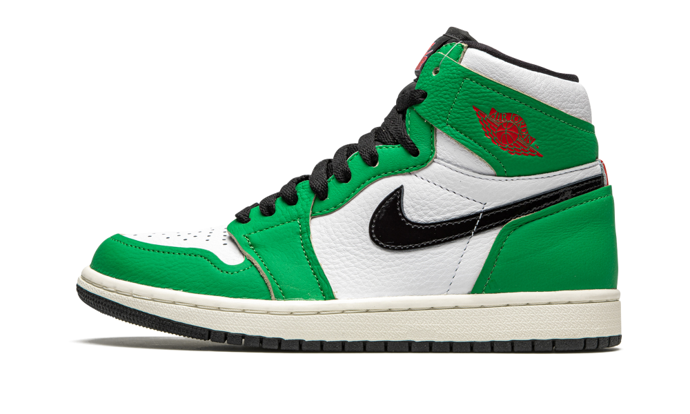 Side view of Nike Air Jordan 1 High Lucky Green sneaker featuring green, white, and black leather with classic high-top design, showcasing exclusive European sneaker style.