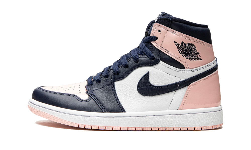 Nike Air Jordan 1 High OG Atmosphere sneaker in white, navy blue, and soft pink colors, showcasing classic high-top design with premium leather, exclusive in Europe, the real deal.