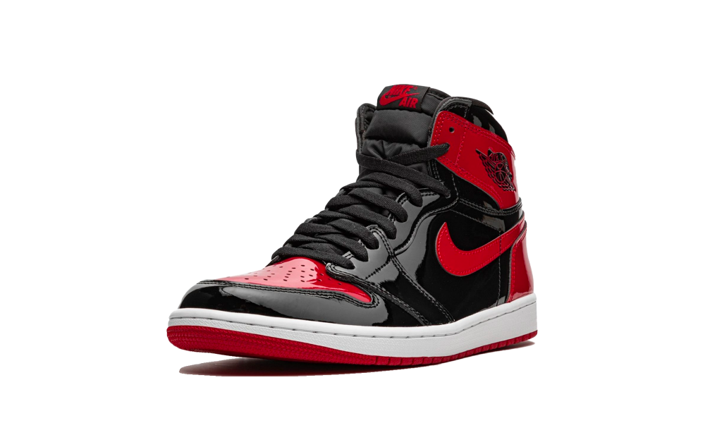 Nike Air Jordan 1 High OG Bred Patent sneaker in glossy black and red patent leather, showcasing iconic design and exclusive style. The real deal across Europe.