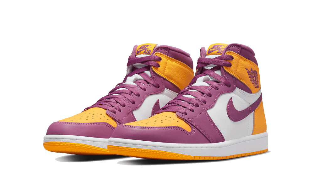 Pair of Nike Air Jordan 1 High OG Brotherhood sneakers featuring a bold design with purple, yellow, and white leather, perfect exclusive sneakers in Europe. The real deal.