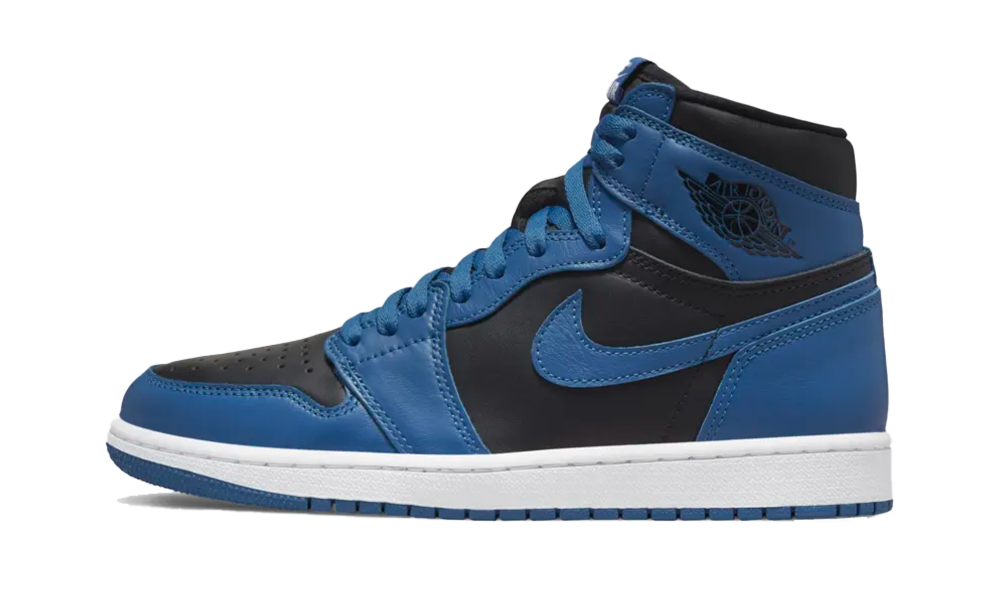 Side view of Nike Air Jordan 1 High OG Dark Marina Blue sneaker showcasing dark blue and black leather with a white midsole, the real deal exclusive in Europe.