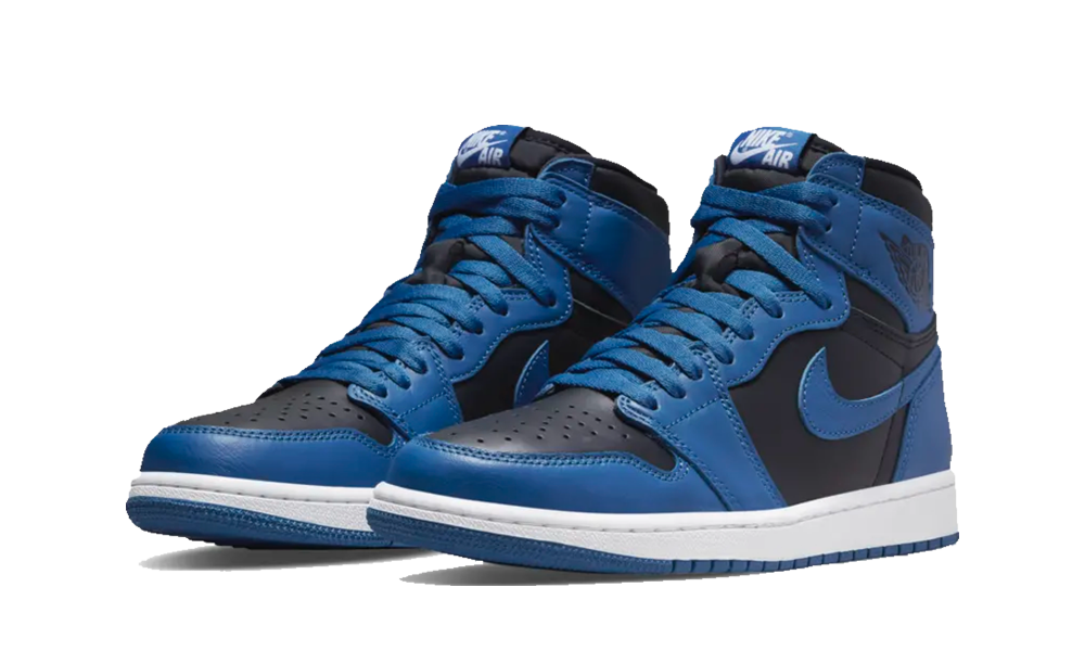 Pair of Nike Air Jordan 1 High OG Dark Marina Blue sneakers featuring dark blue and black leather with white midsoles, exclusive in Europe, the real deal trainers.
