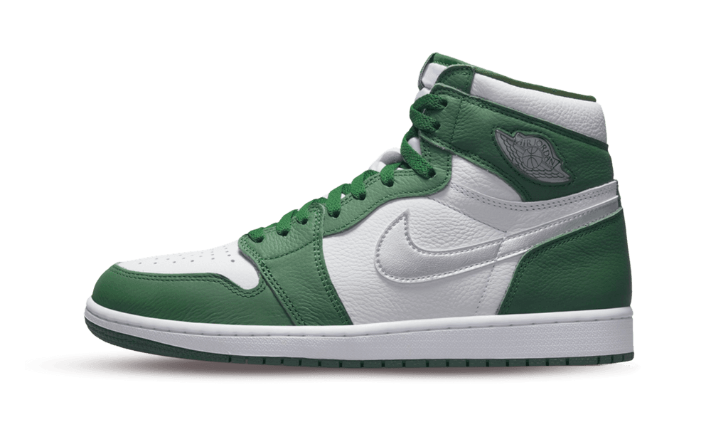 Side view of Nike Air Jordan 1 High OG Gorge Green sneakers featuring a white leather base with green leather overlays and green laces, showcasing exclusive European sneaker style.